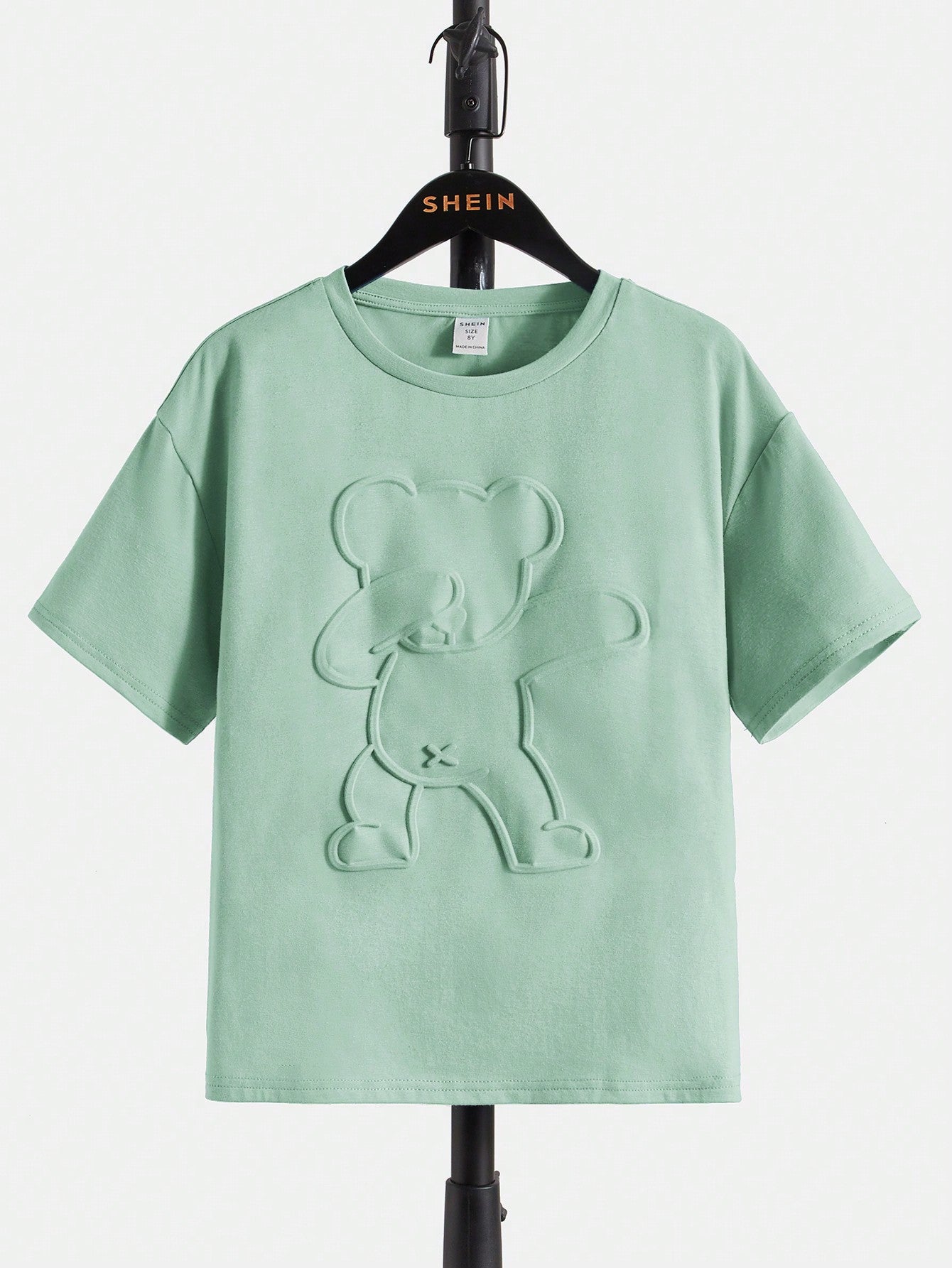 Tween Boys' Casual Bear Embossed T-Shirt, Drop Shoulder, Summer-Ready, Short Sleeve