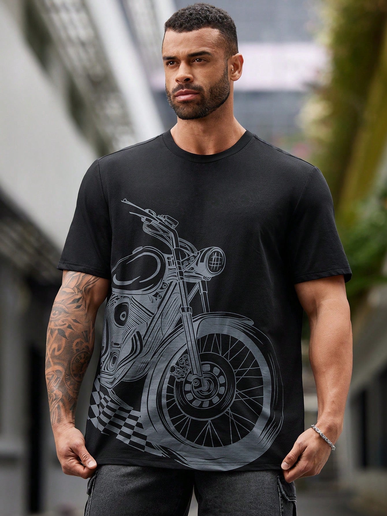 Men's Plus Size Graphic Motorcycle T-Shirt, Round Neck, Short Sleeve, Casual