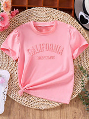 Tween Girl Casual Round Neck Knit T-Shirt - Letter & Embossed Design, Short Sleeve