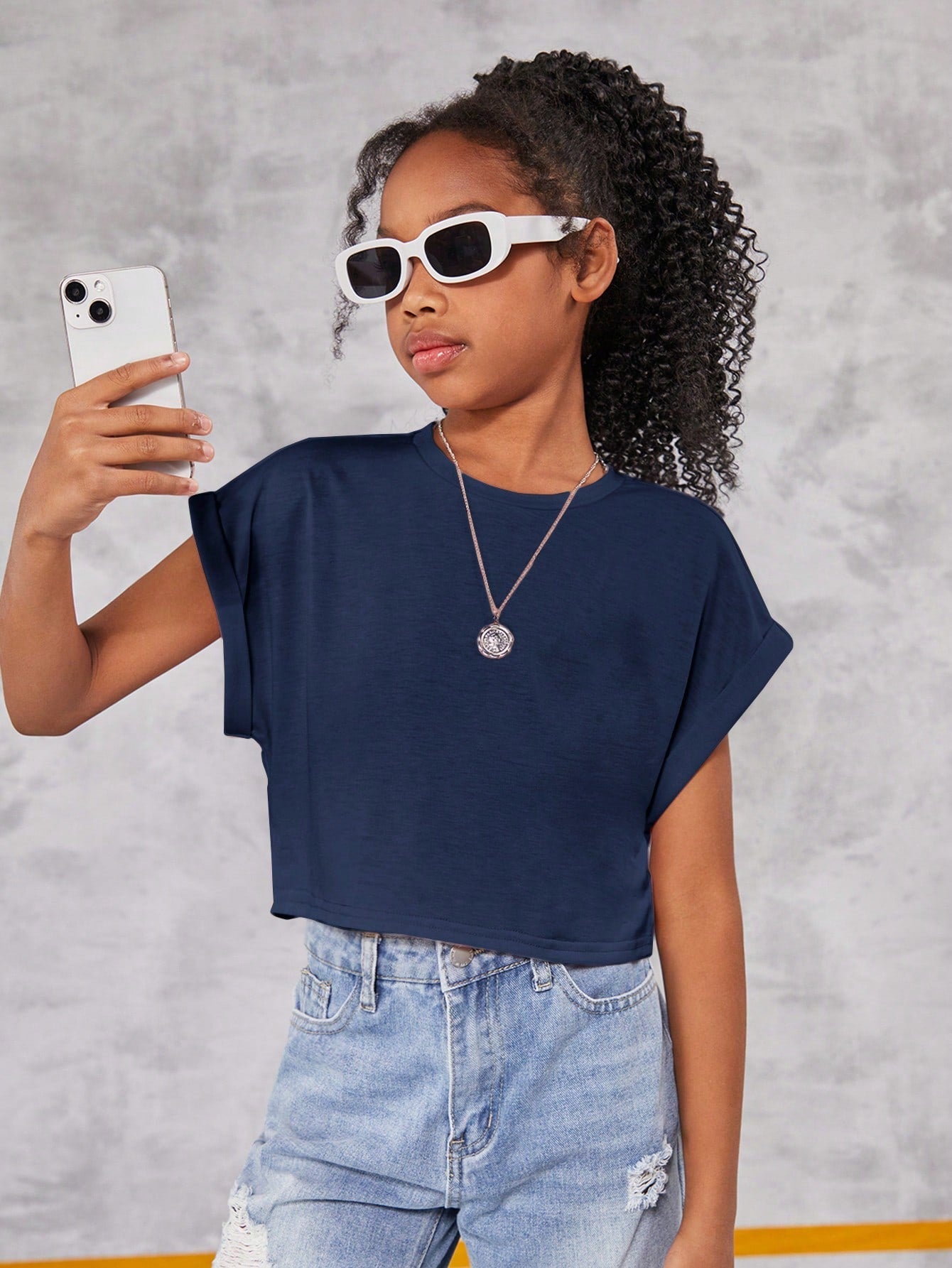 Tween Girl Casual Crop Top - Short Sleeves, Round Neck, Rolled Cuff, Solid Color