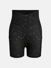 Galaxy Star Pattern Tween Girl Knitted Biker Shorts with Mesh Pockets - Short Length