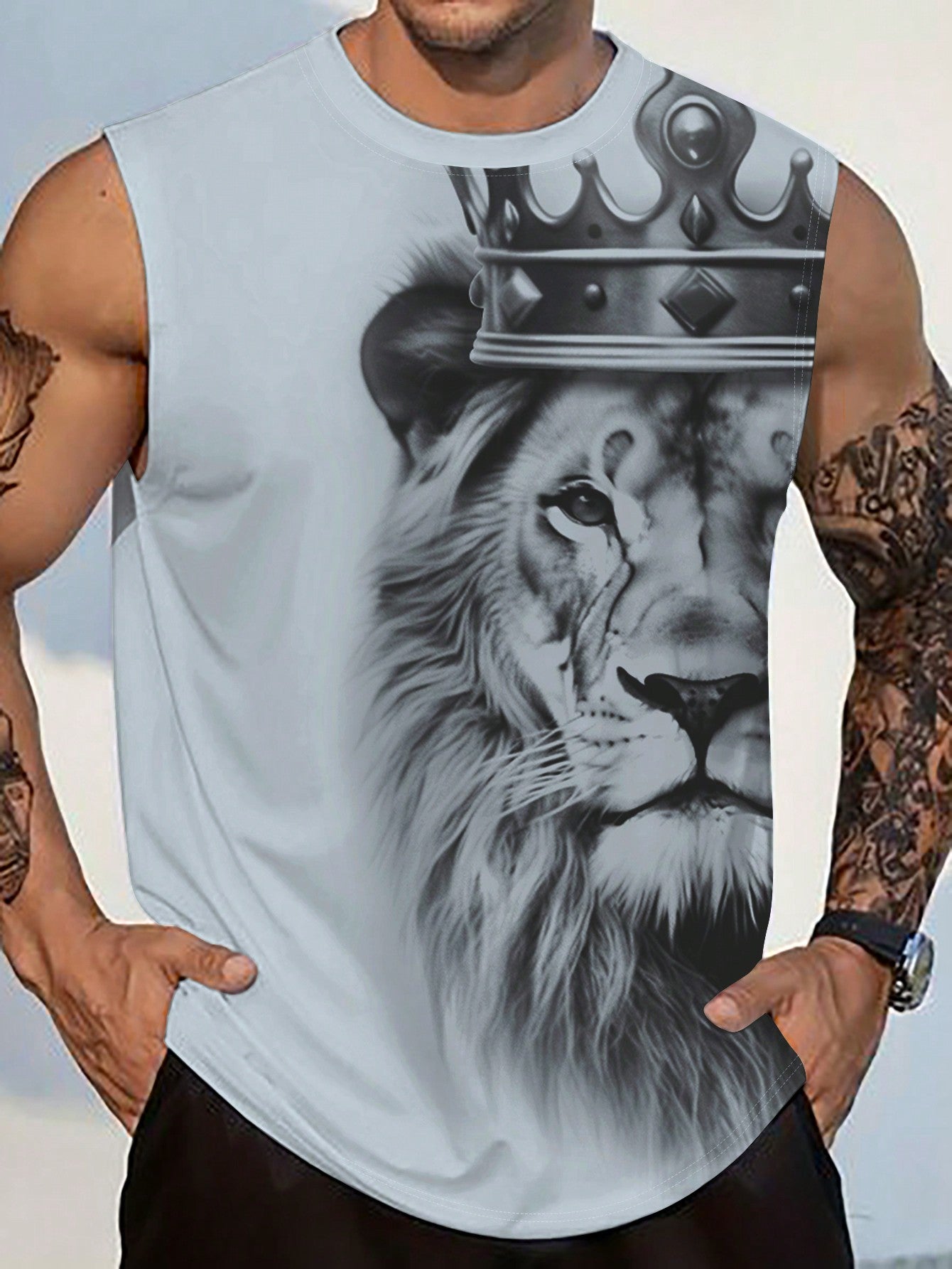 Men's Casual Lion Print Sleeveless Tank Top - Round Neck, Stretch Fabric