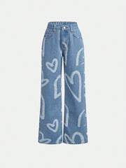 Tween Girl Heart Print Denim Pants - Loose Fit, Zipper Fly, Straight Leg