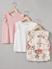 Cute Tween Girl 3pcs T-Shirt Set - Floral & Solid Loose Fit, Round Neck, Flounce Sleeves