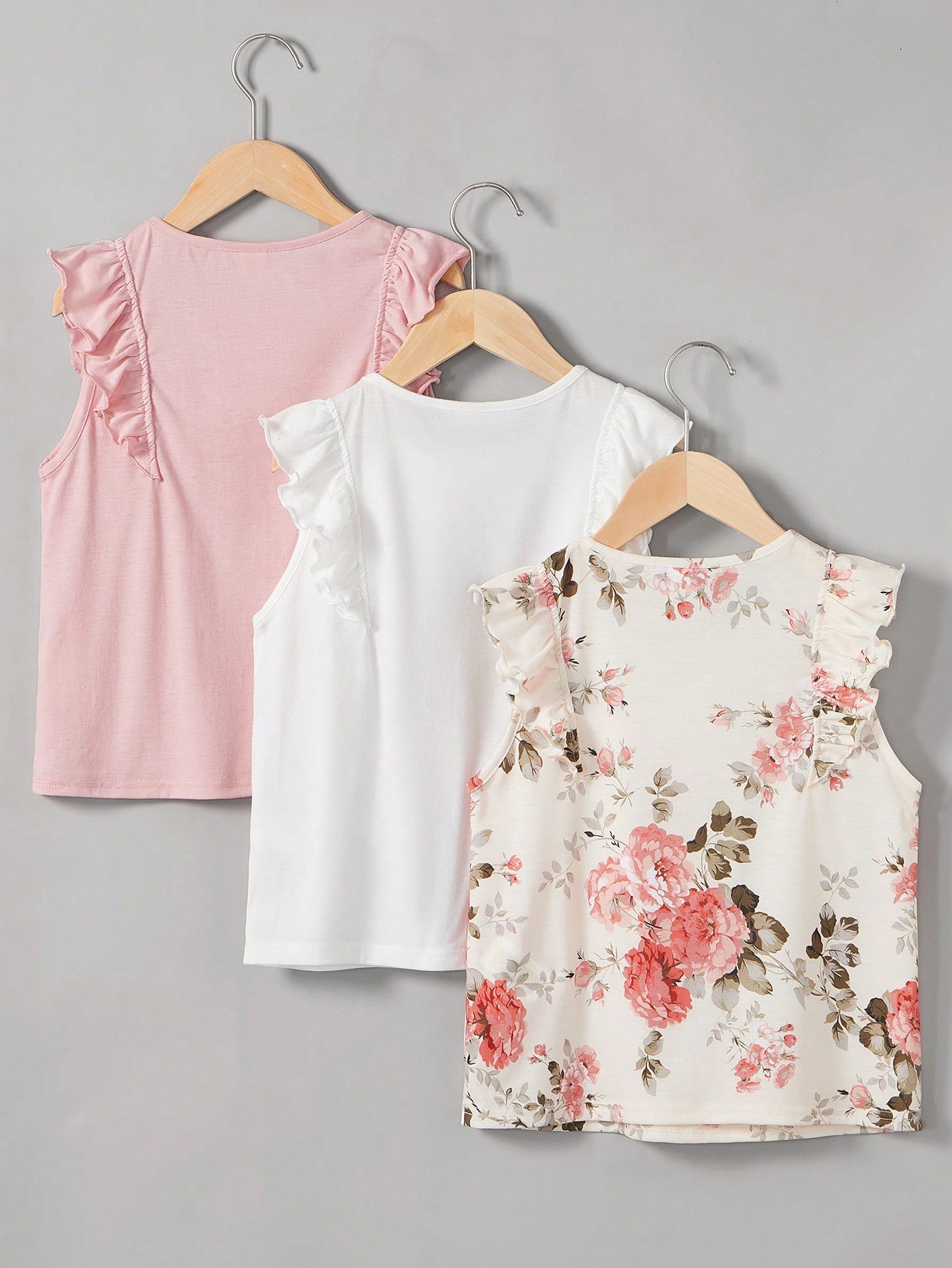 Cute Tween Girl 3pcs T-Shirt Set - Floral & Solid Loose Fit, Round Neck, Flounce Sleeves