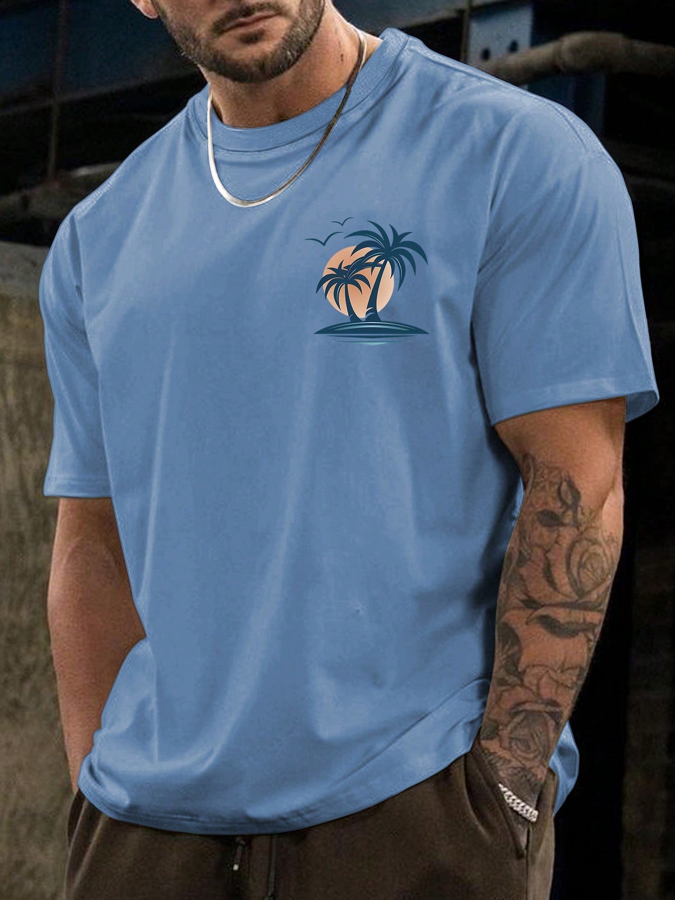 Men's Plus Size Tropical Coconut Tree Slim Fit T-Shirt, Casual, Short Sleeve