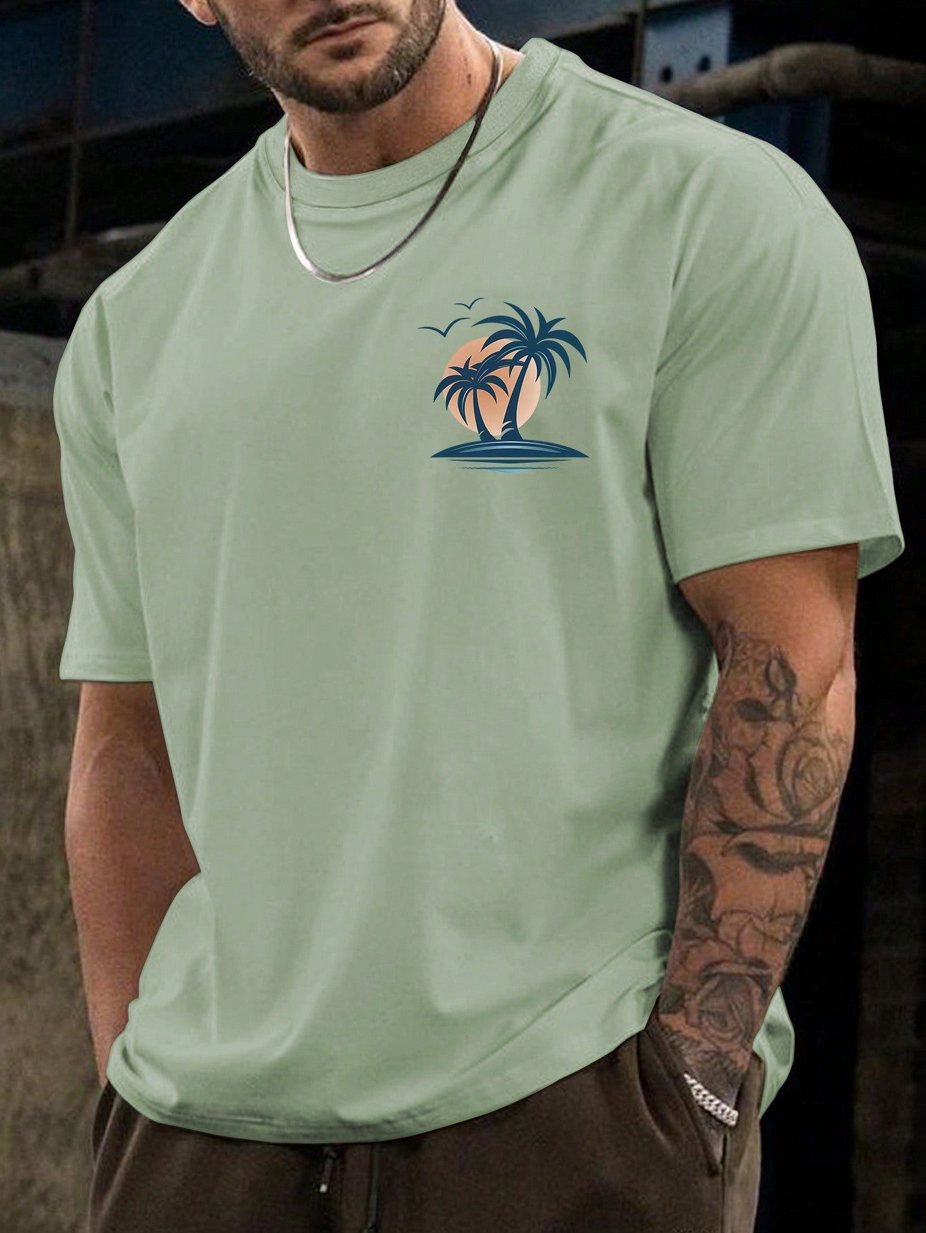 Men's Plus Size Tropical Coconut Tree Slim Fit T-Shirt, Casual, Short Sleeve