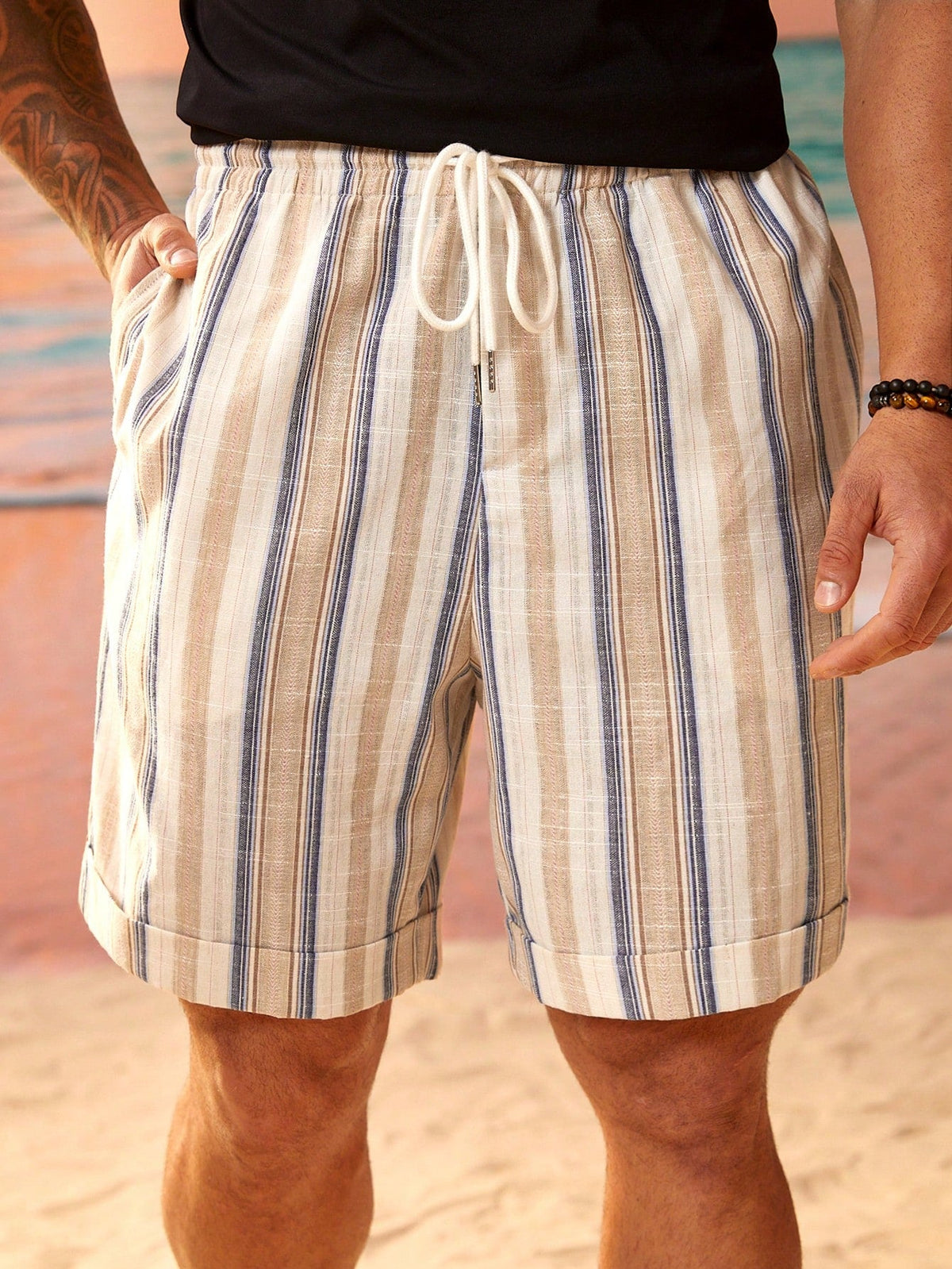 Men's Plus Size Striped Bermuda Shorts - Drawstring Waist, Pockets, Casual Streetwear