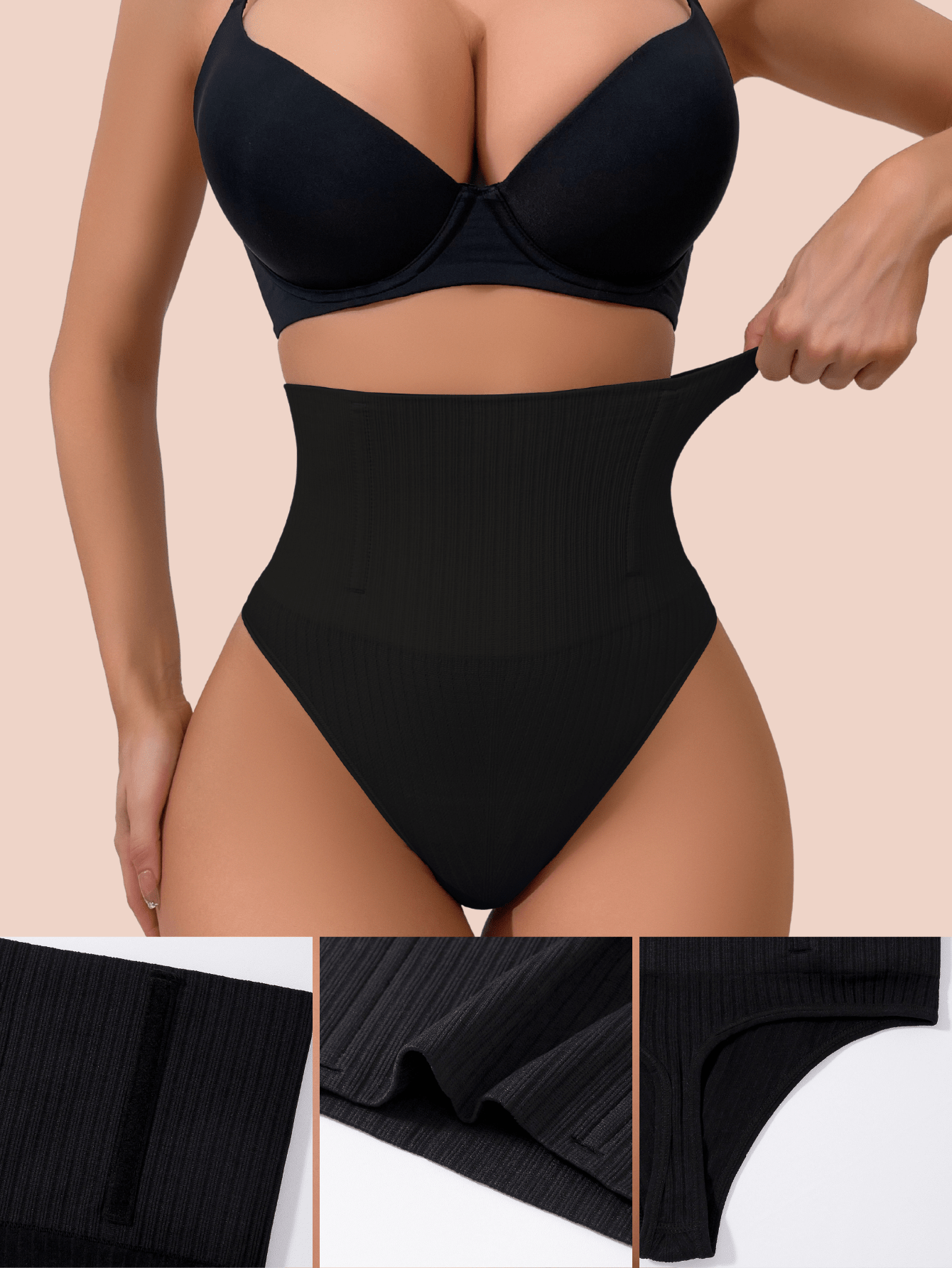 2pcs High Waist Tummy Control Thong Shapewear with Steel Bone Support