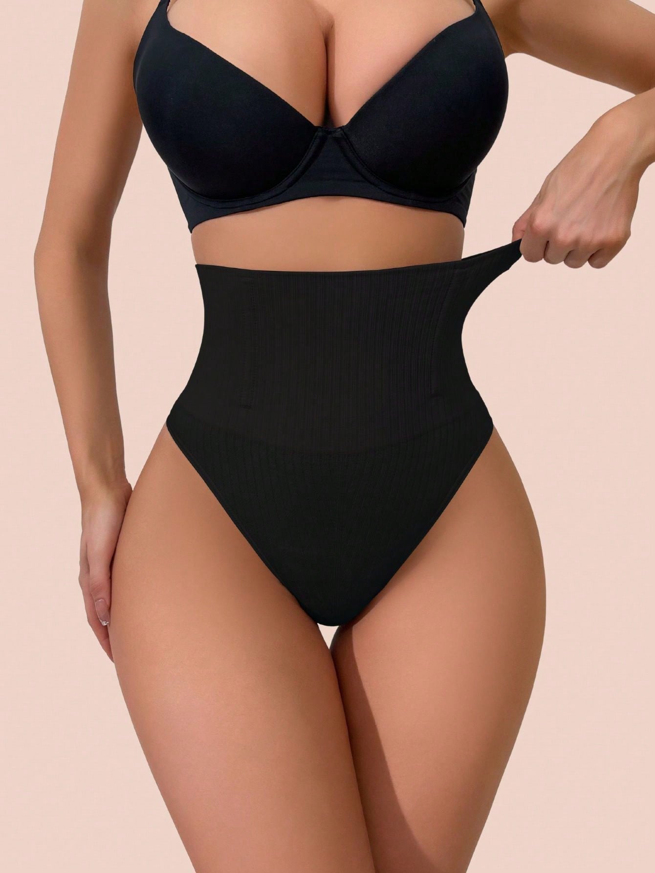 2pcs High Waist Tummy Control Thong Shapewear with Steel Bone Support