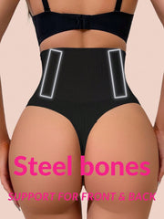 2pcs High Waist Tummy Control Thong Shapewear with Steel Bone Support