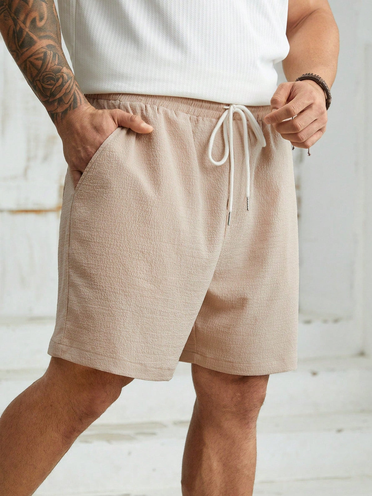 Men's Plus Size Casual Woven Drawstring Shorts with Pockets - Regular Fit, Bermuda Length