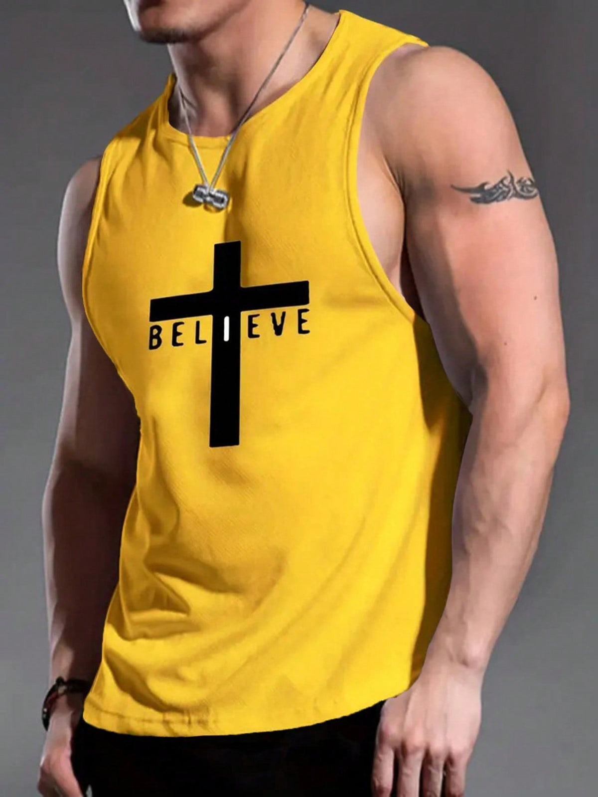 Men's Casual Sleeveless Round Neck Letter Print Tank Top, Loose Fit, Knitted Fabric