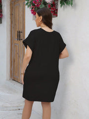 Plus Size Casual Batwing Sleeve Dress with Pockets - Short, Loose Fit, Round Neck