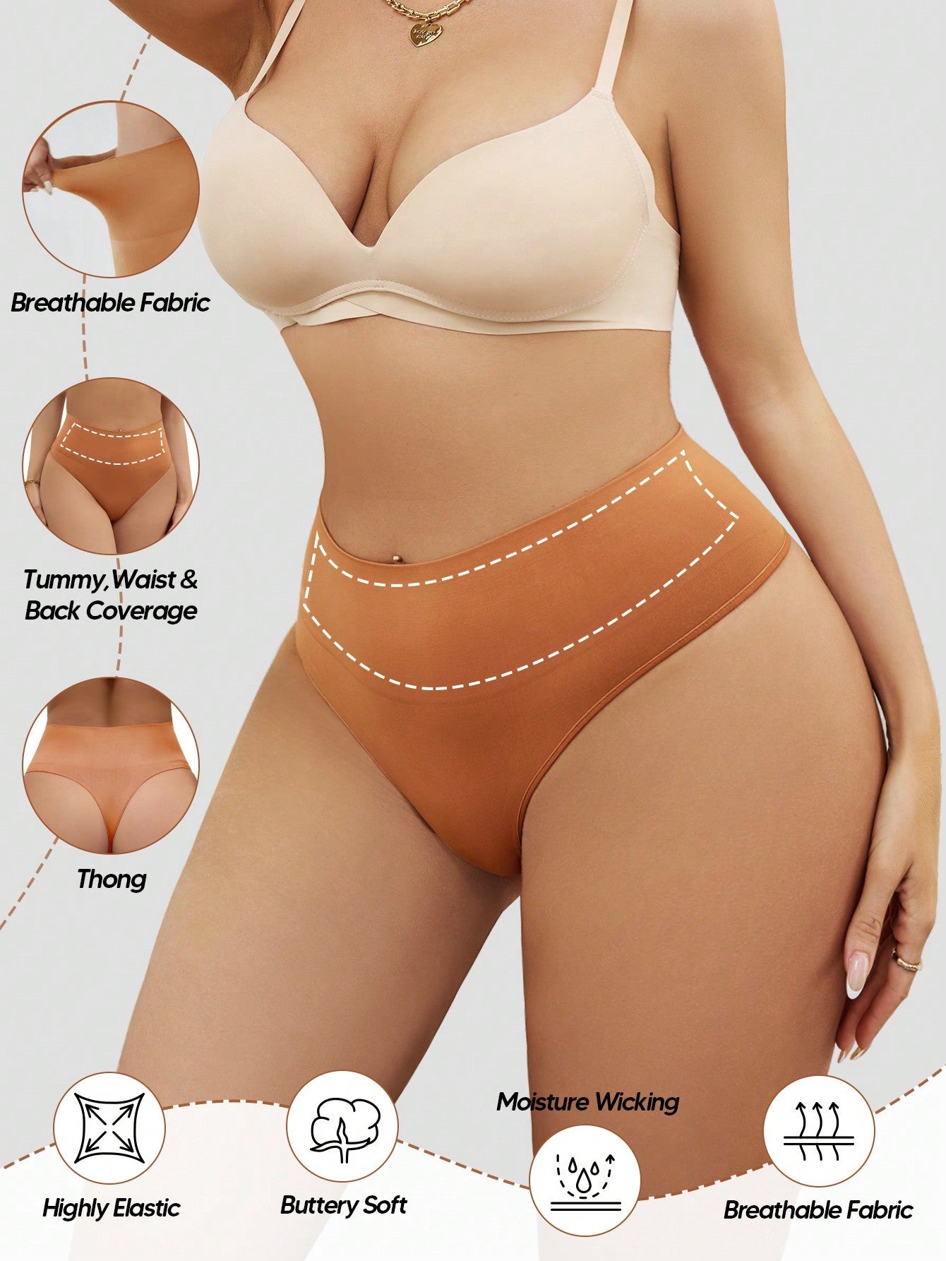 Women's Tummy Control Thong Shapewear - Mid High Waist Butt Lift Panties