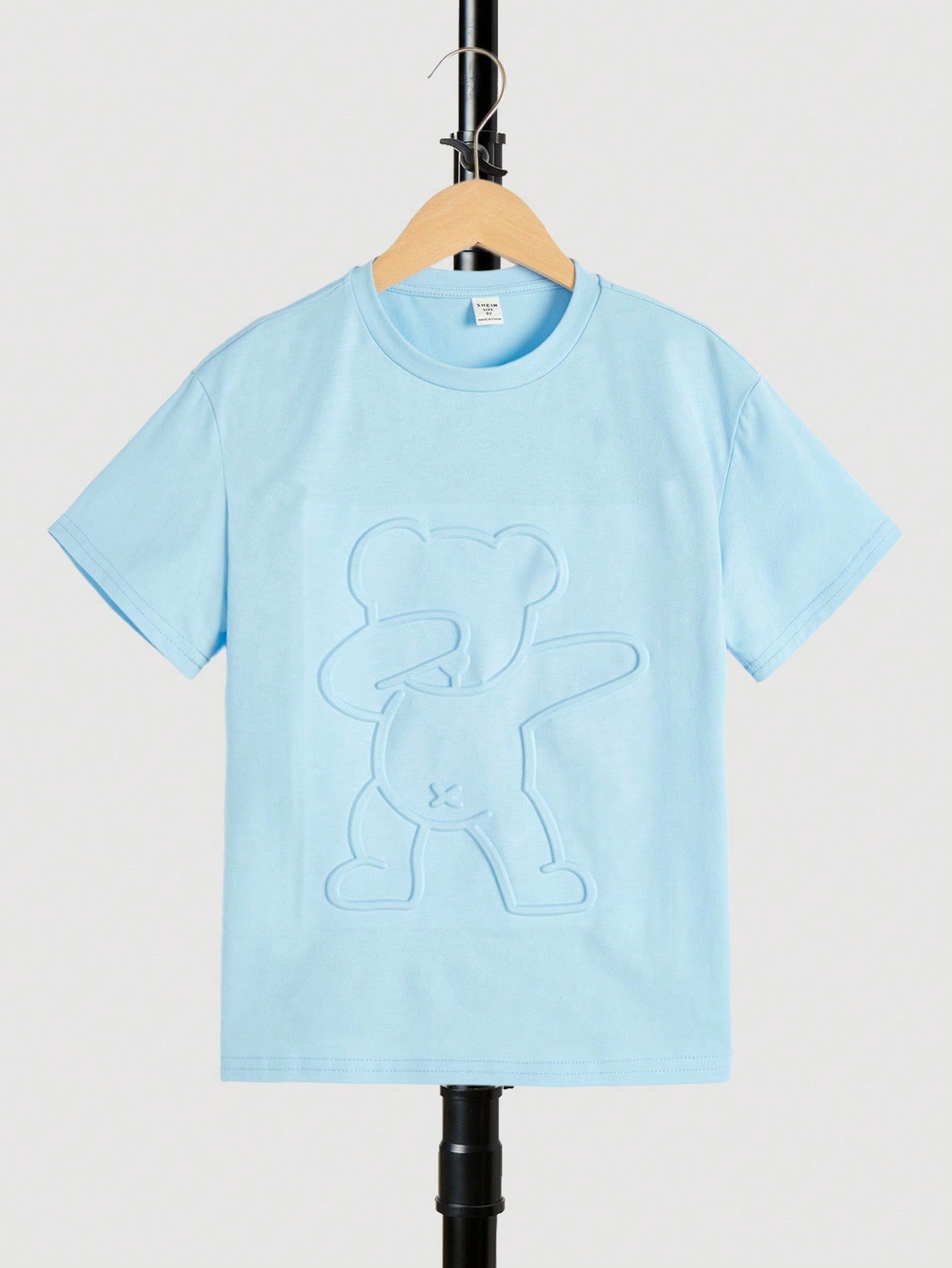 Tween Boys' Casual Bear Embossed T-Shirt, Drop Shoulder, Summer-Ready, Short Sleeve