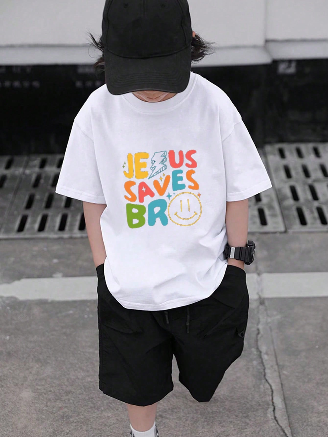 Tween Boy 2024 Summer Casual Slogan T-Shirt - Round Neck, Short Sleeves, Drop Shoulder