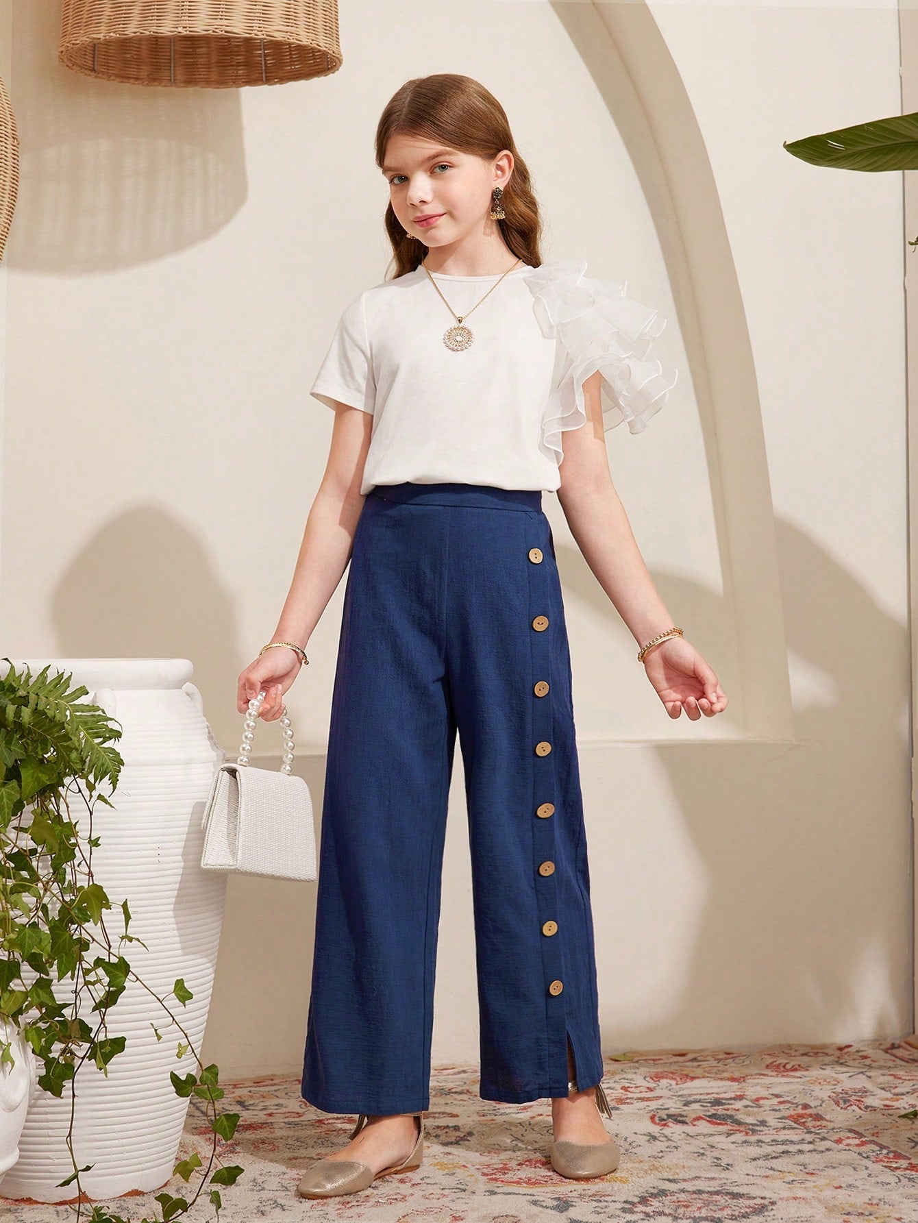 Tween Girls' High-Rise Loose Fit Straight Leg Pants with Button Embellishment - 100% Cotton, Casual Style