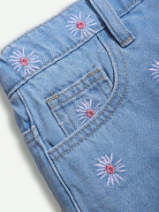 Tween Girls' Floral Embroidered Denim Shorts - Wide Leg, Frayed Hem, Zipper Fly