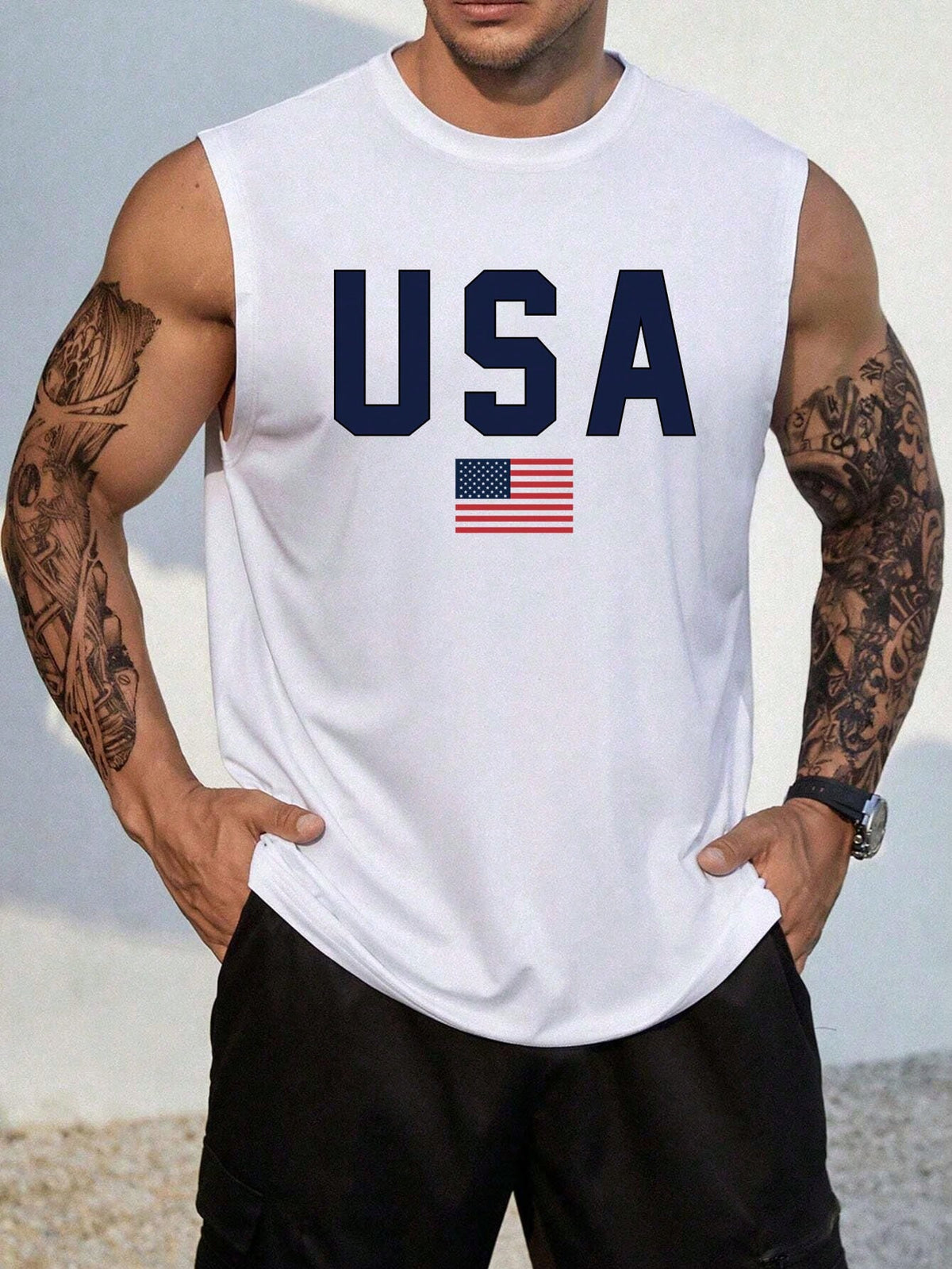 Men's Casual Tank Top - Letter & Flag Print, Sleeveless, Round Neck