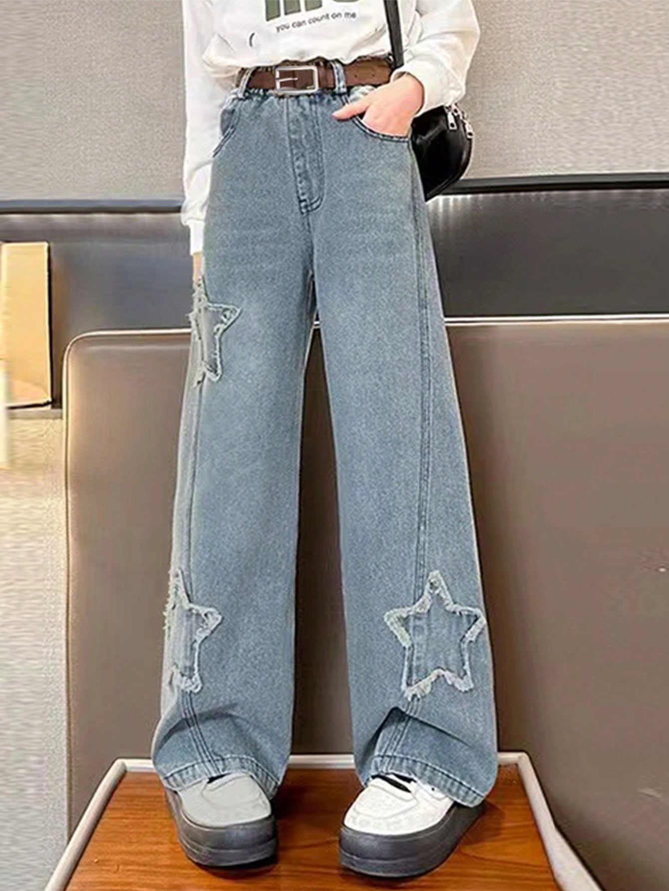 Tween Girl Blue Denim Star Jeans, Frayed Hem, Wide-Leg, Elastic Waist, Ripped Details