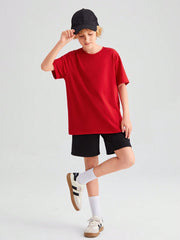 Tween Boy Casual Loose Fit Knitted T-Shirts 4pcs Set - Round Neck, Solid Color, Pocket