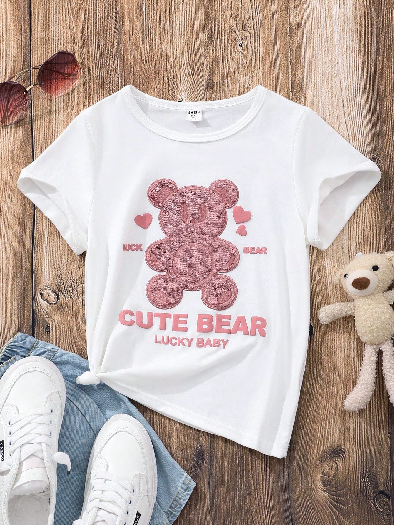 Tween Girl Casual Bear & Letter Graphic Tee - Round Neck, Short Sleeve, Regular Fit