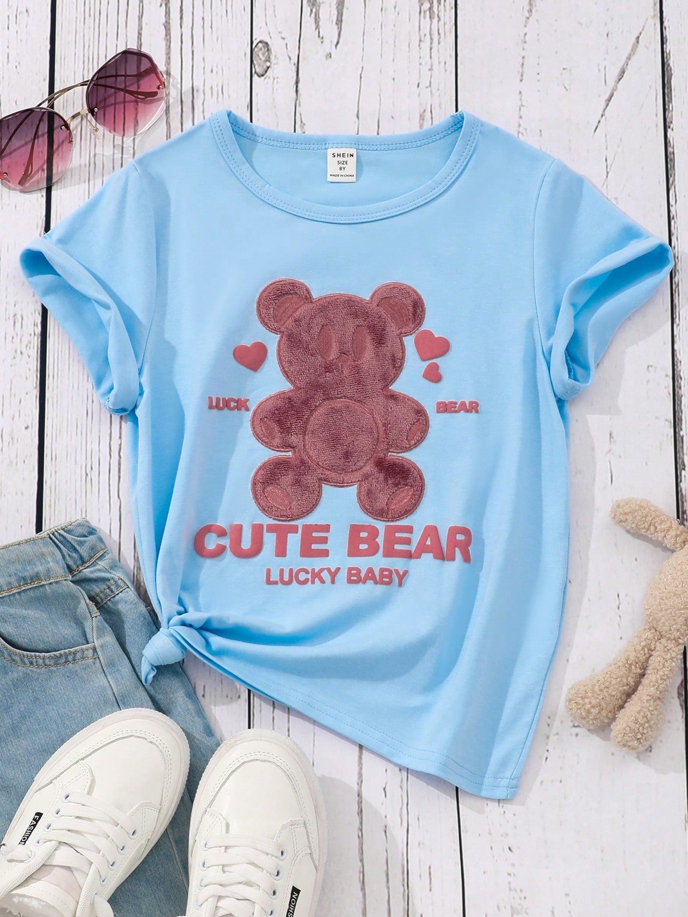 Tween Girl Casual Bear & Letter Graphic Tee - Round Neck, Short Sleeve, Regular Fit