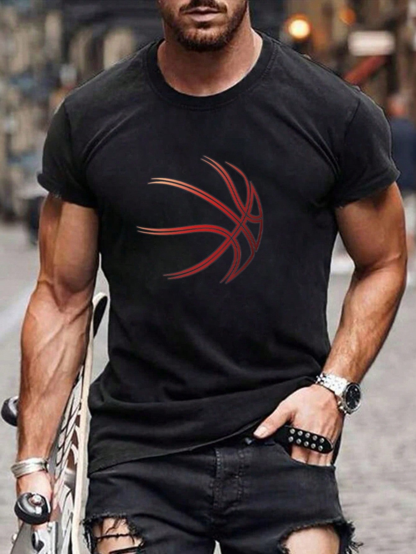 Men's Casual Basketball Graphic T-Shirt, Round Neck, Short Sleeve, Regular Fit