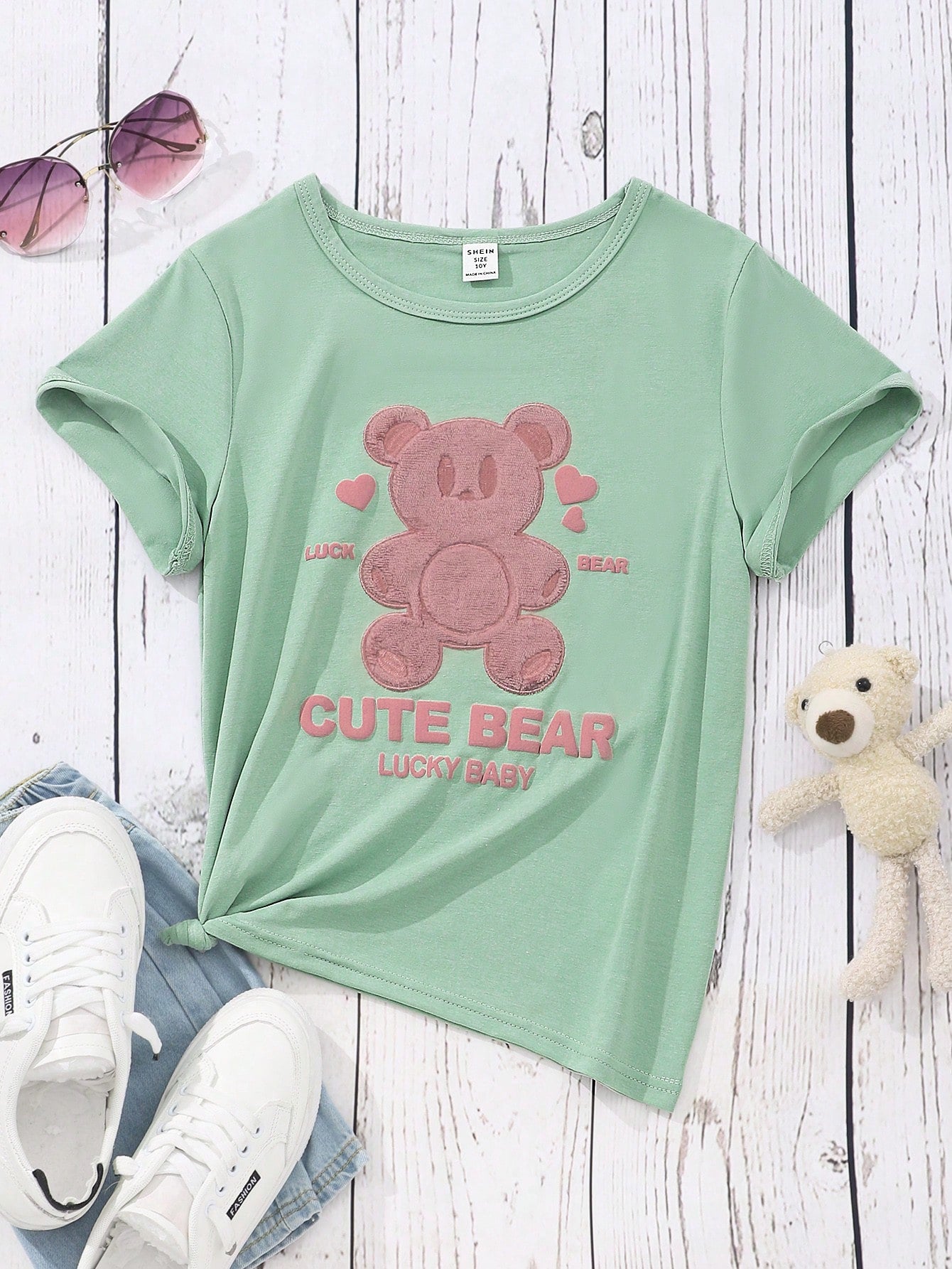 Tween Girl Casual Bear & Letter Graphic Tee - Round Neck, Short Sleeve, Regular Fit