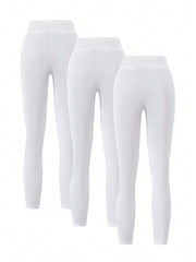 Tween Girl 3pcs Solid Color Elastic Waist Leggings - Medium Stretch, Long Length