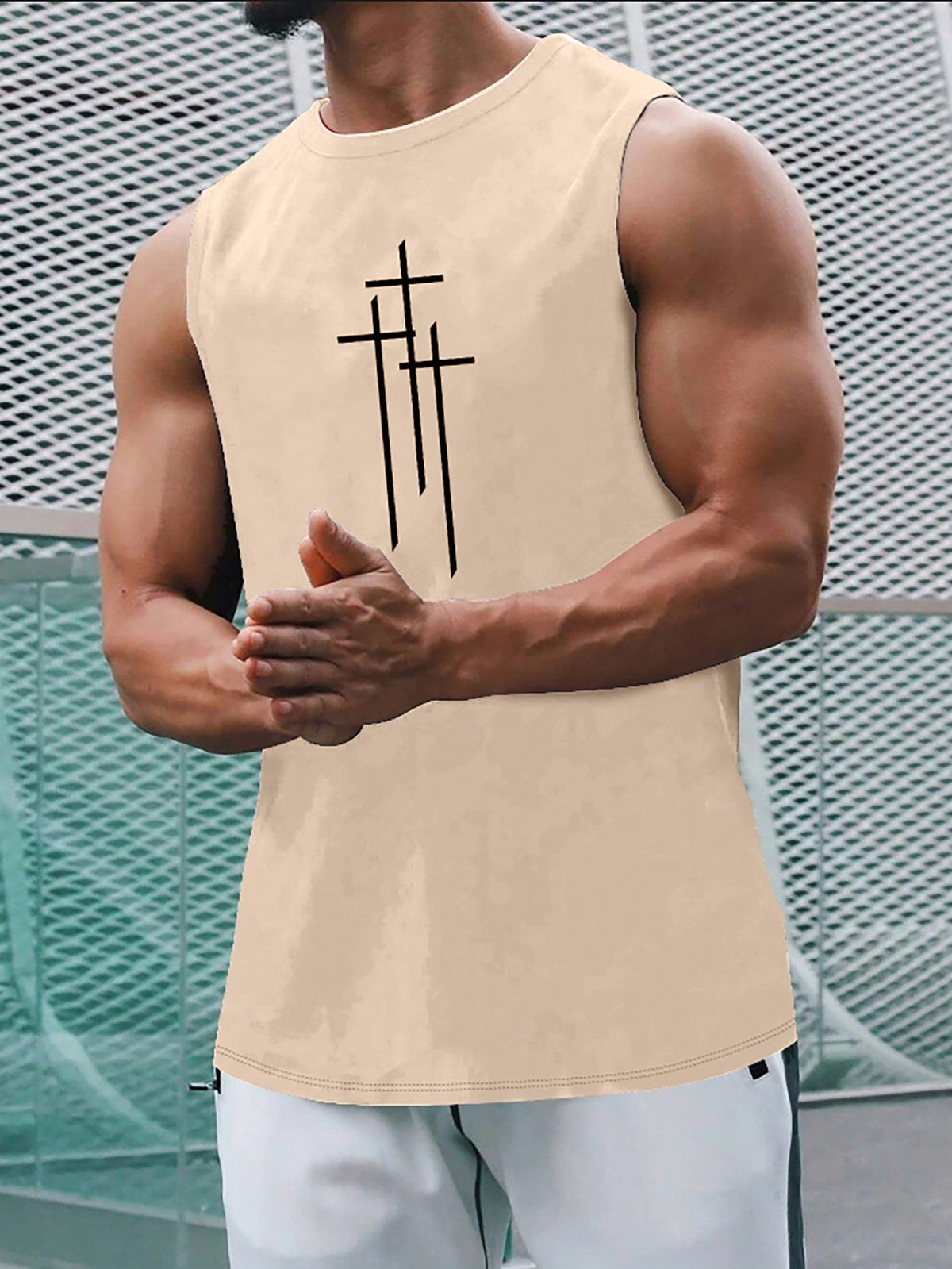 Men's Casual Summer Sleeveless Tank Top with Cross Print, Round Neck, Stretch Fabric