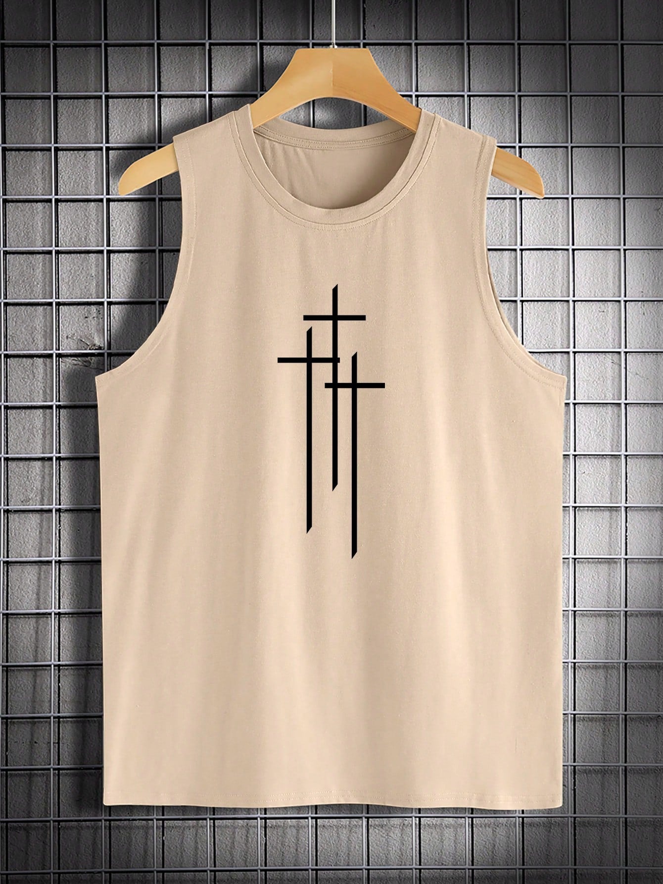 Men's Casual Summer Sleeveless Tank Top with Cross Print, Round Neck, Stretch Fabric