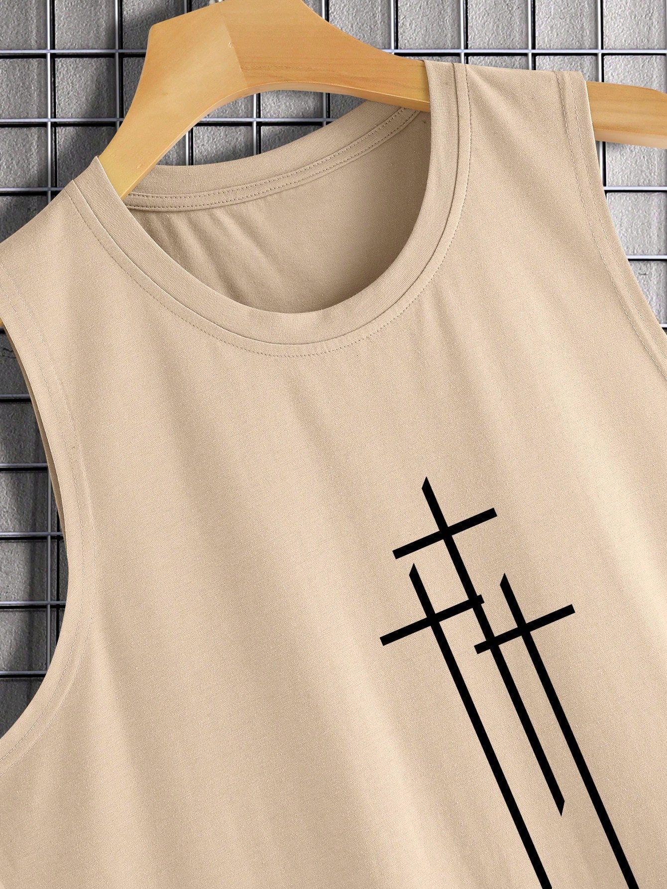 Men's Casual Summer Sleeveless Tank Top with Cross Print, Round Neck, Stretch Fabric