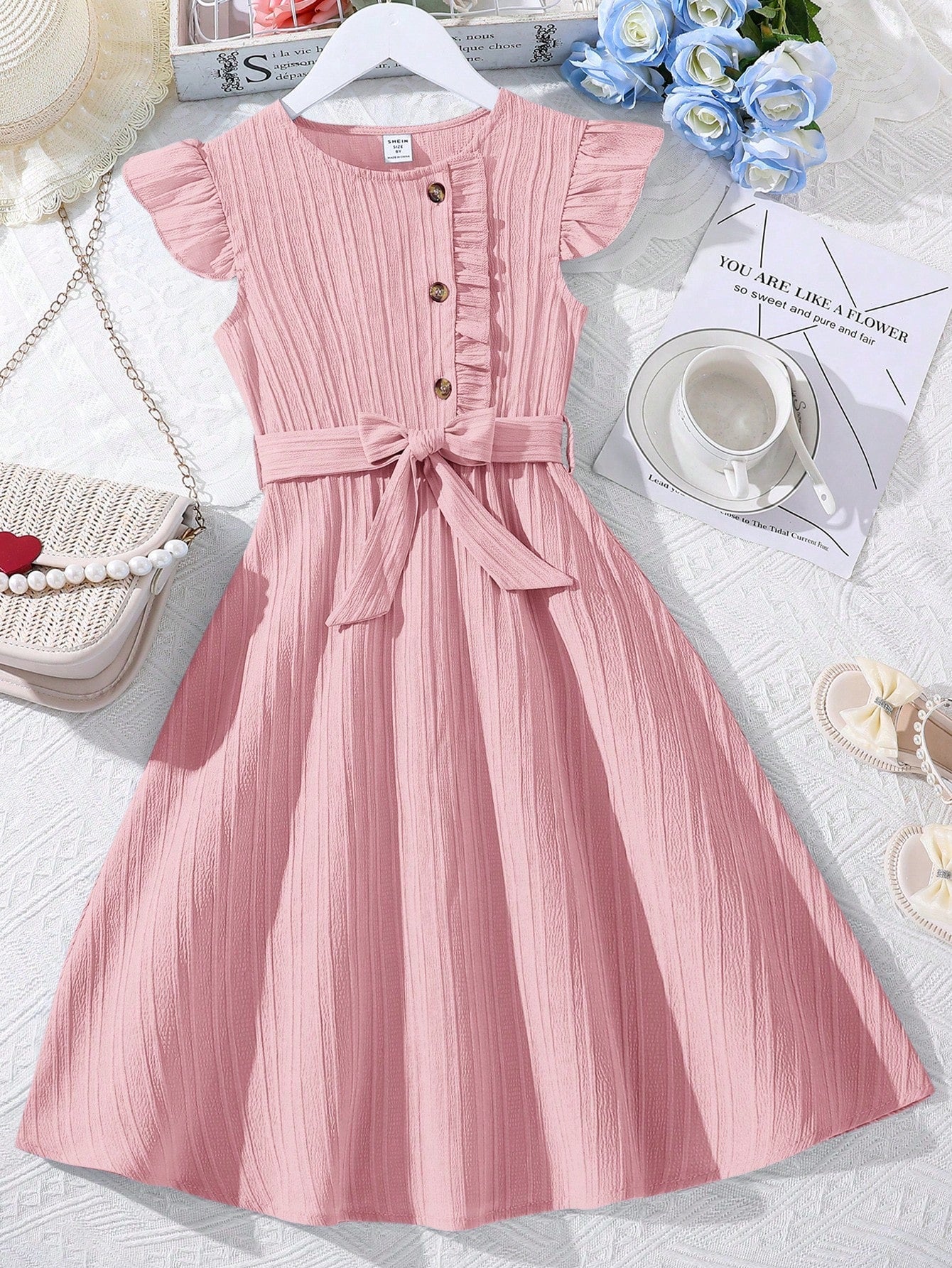 Cute Tween Girl Ruffle Trim Button Front Belted A-Line Dress - Cap Sleeve, High Waist, Midi Length