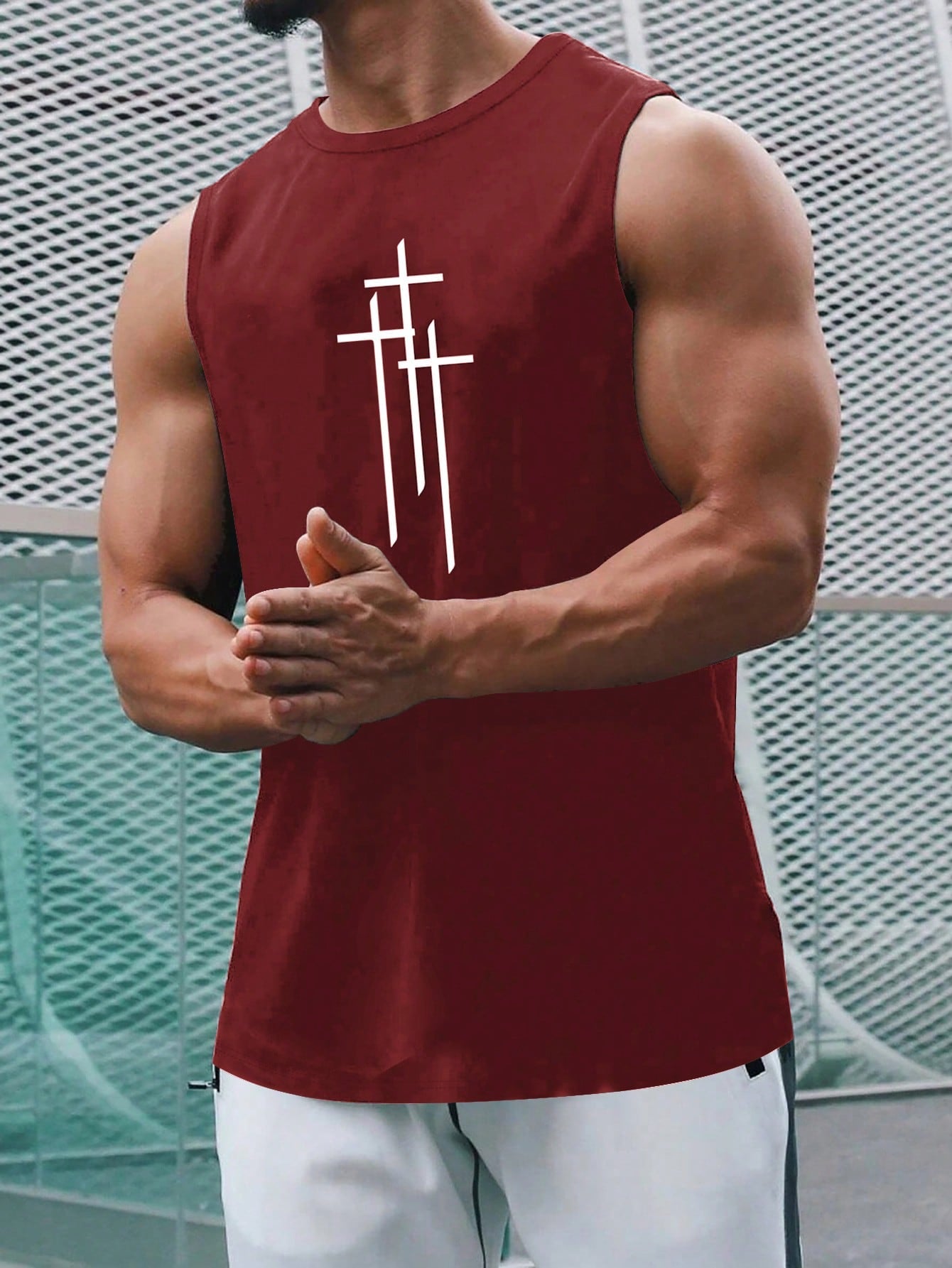 Men's Casual Summer Sleeveless Tank Top with Cross Print, Round Neck, Stretch Fabric