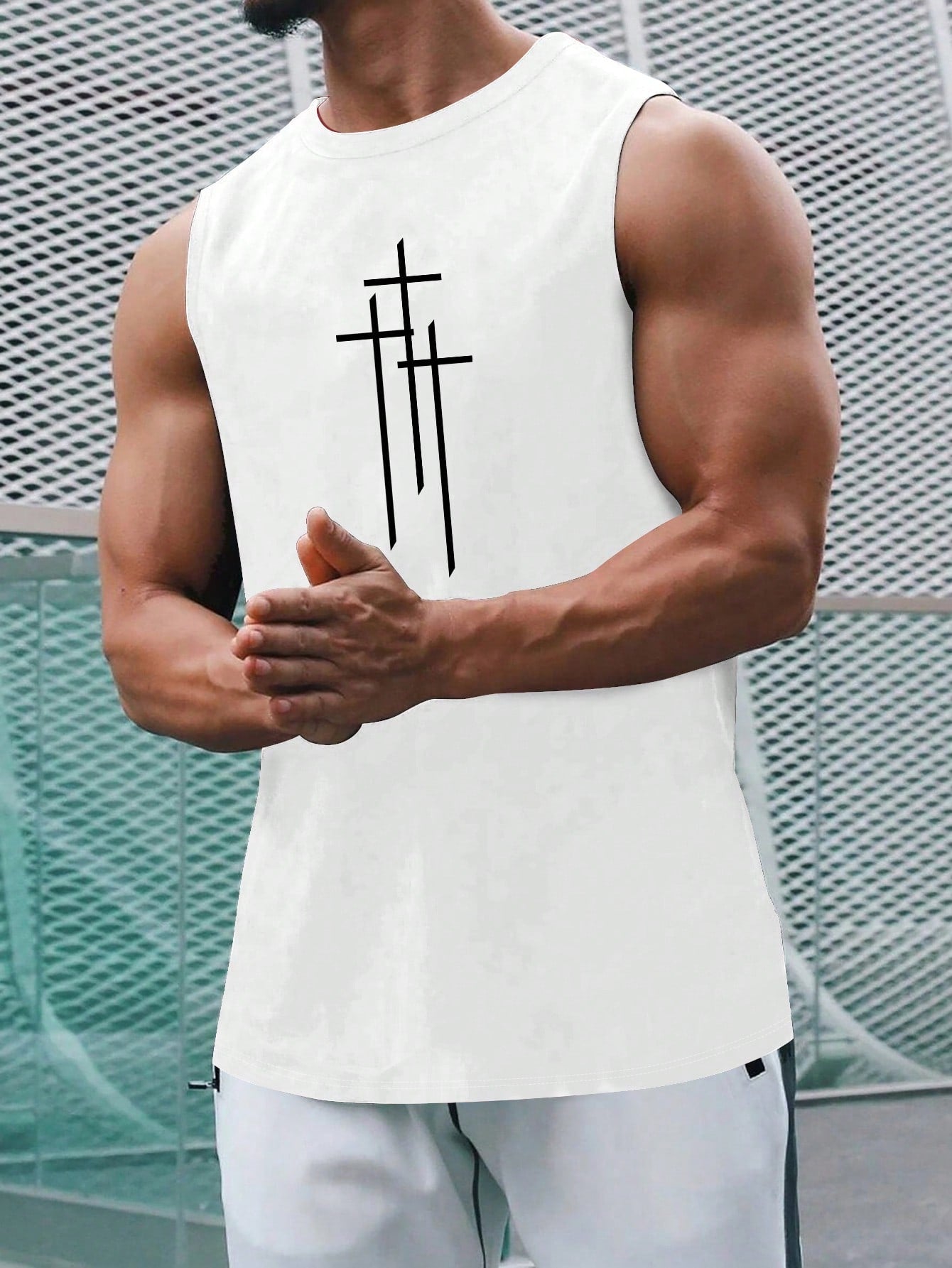 Men's Casual Summer Sleeveless Tank Top with Cross Print, Round Neck, Stretch Fabric