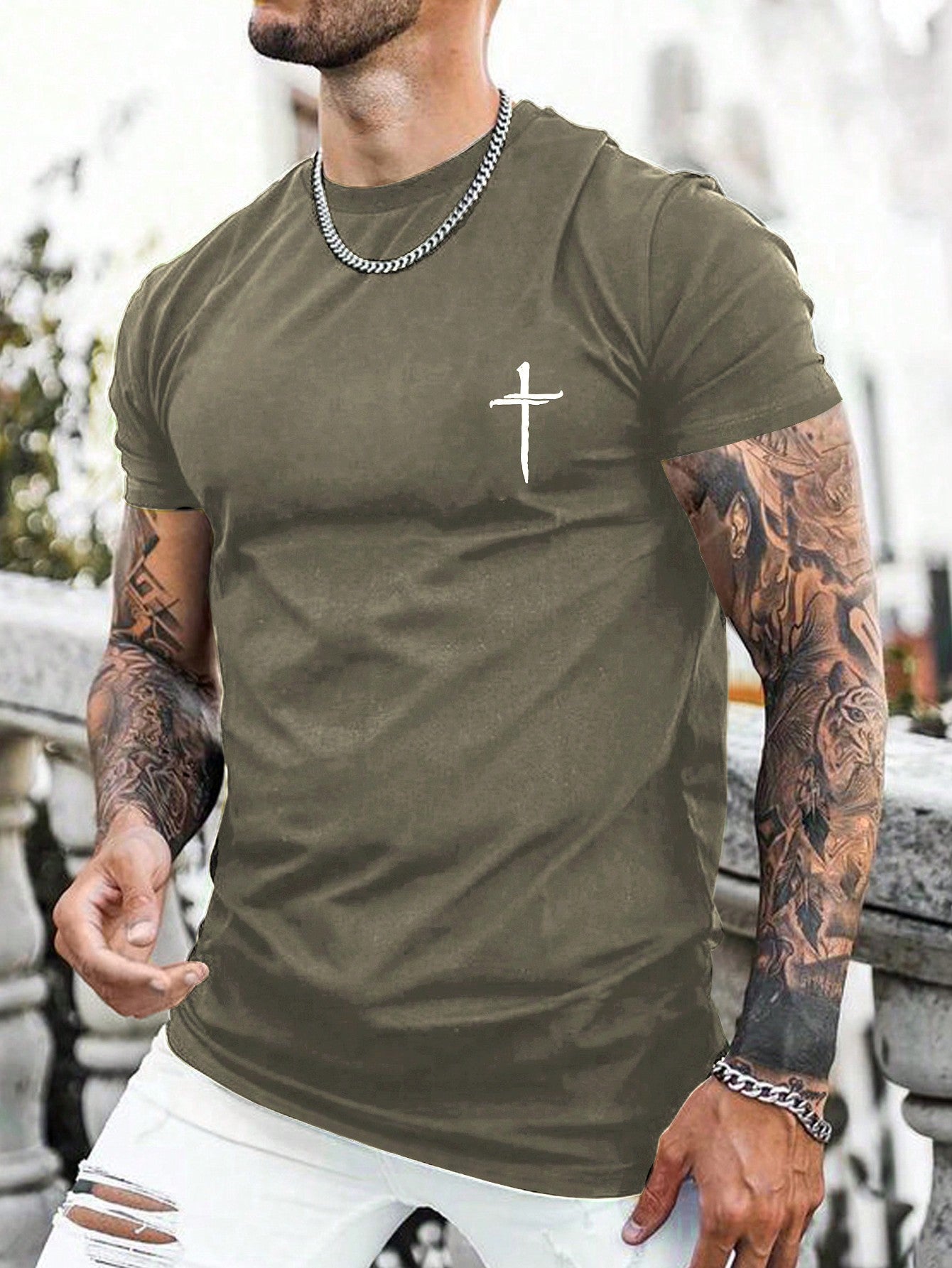 Men's Geometric Cross Print Casual Short Sleeve T-Shirt, Round Neck, Polyester