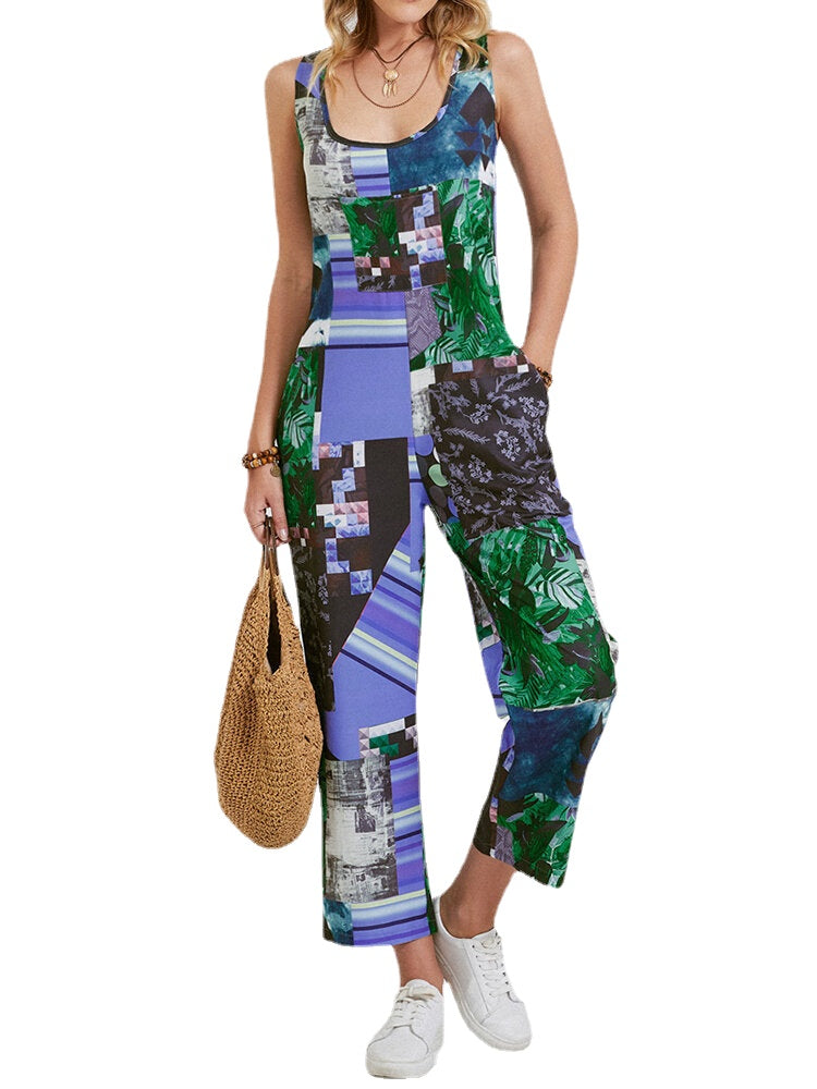 Flower Plants Geometric Print Strap Sleeveless Jumpsuit With Pocket
