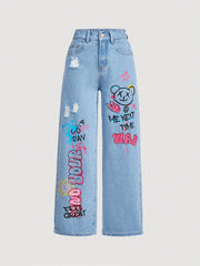 Tween Girl Boho Ripped Cartoon Print Denim Jeans - Summer Straight Leg Outfit