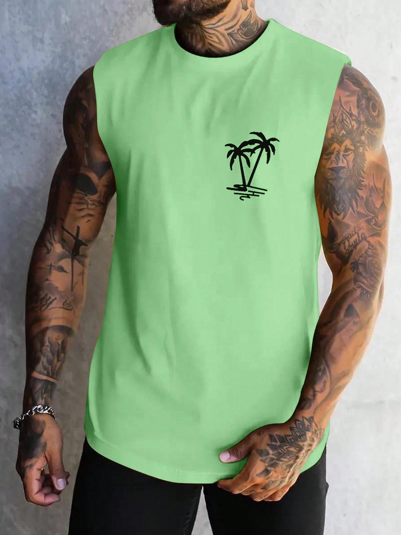 Men's Tropical Coconut Tree Sleeveless Tank Top, Casual, Round Neck, Stretch Fabric