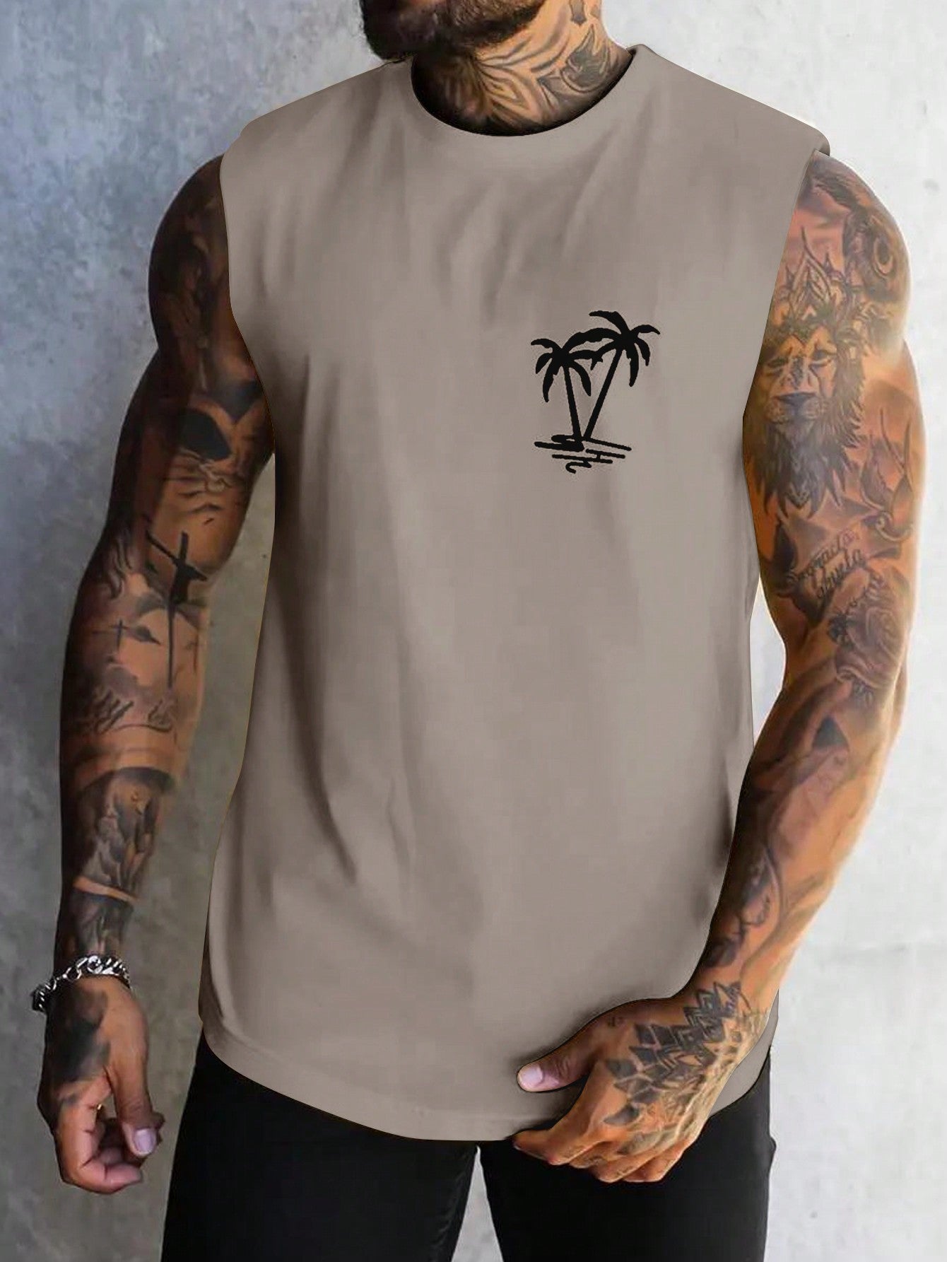 Men's Tropical Coconut Tree Sleeveless Tank Top, Casual, Round Neck, Stretch Fabric