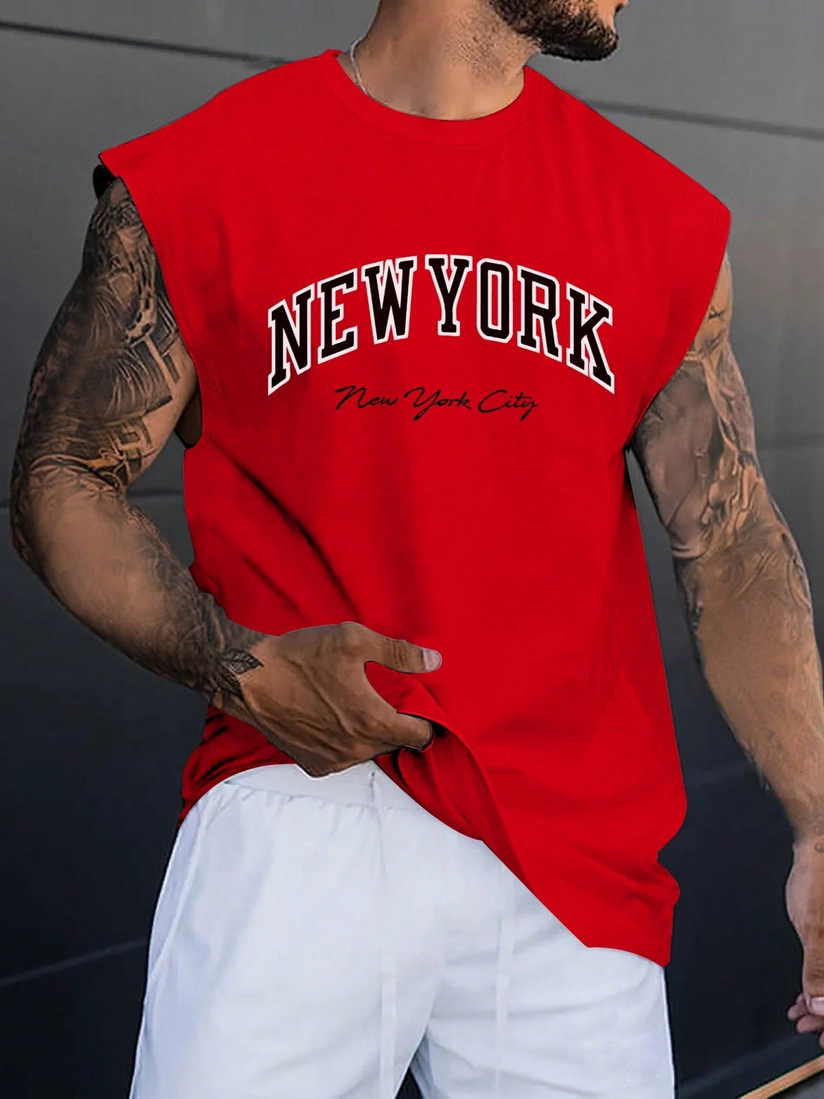 Men's Casual Letter Print Sleeveless Round Neck Tank Top, Knitted Fabric