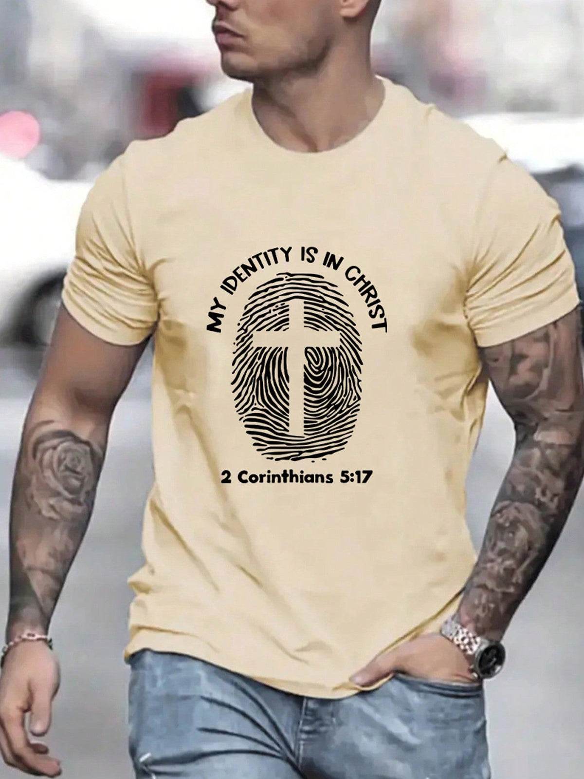 Men's Summer Casual Cross & Letter Print T-Shirt, Short Sleeve, Round Neck