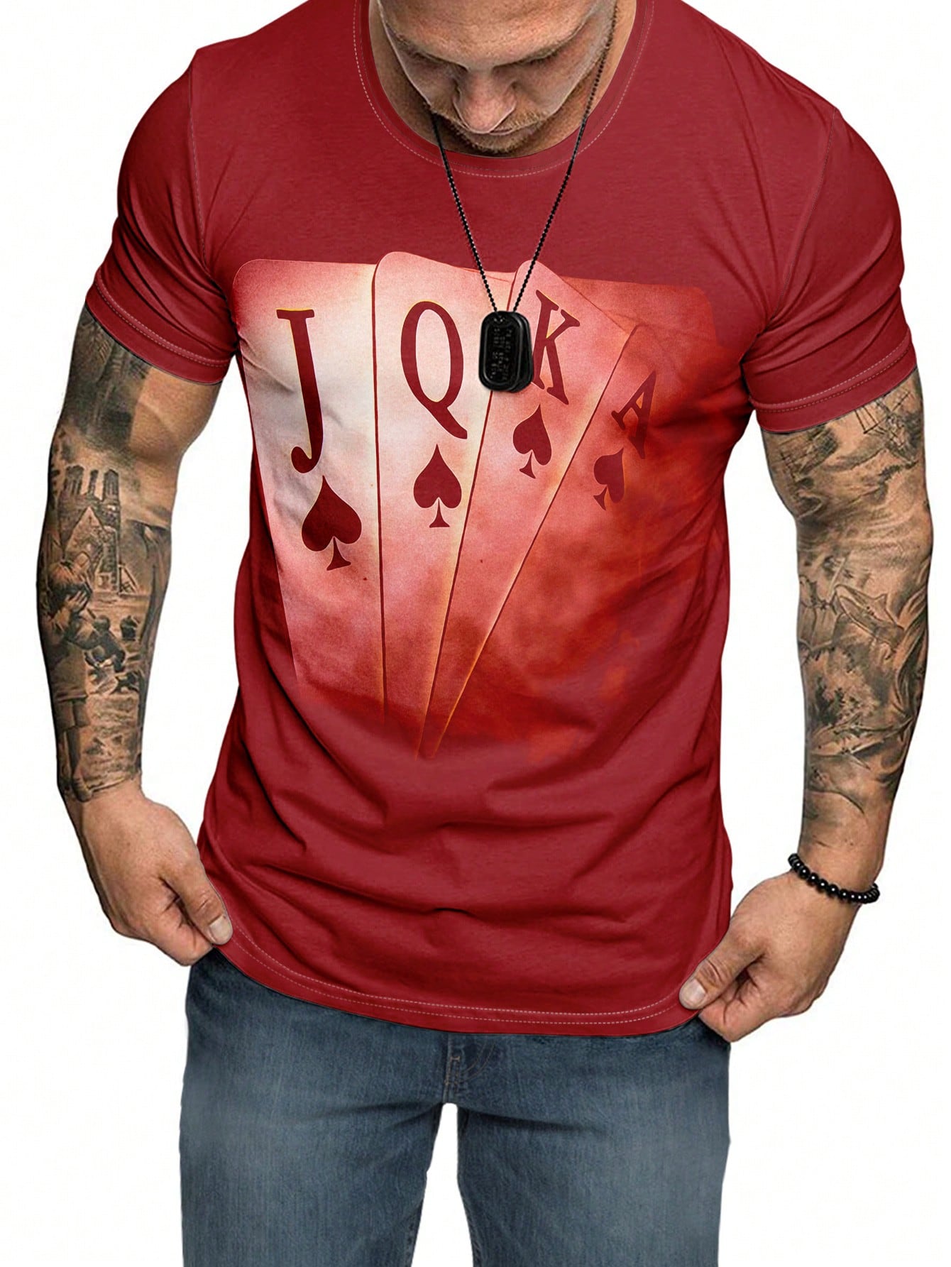 Men's Casual Playing Card Print Tee, Round Neck, Short Sleeve, Medium Stretch