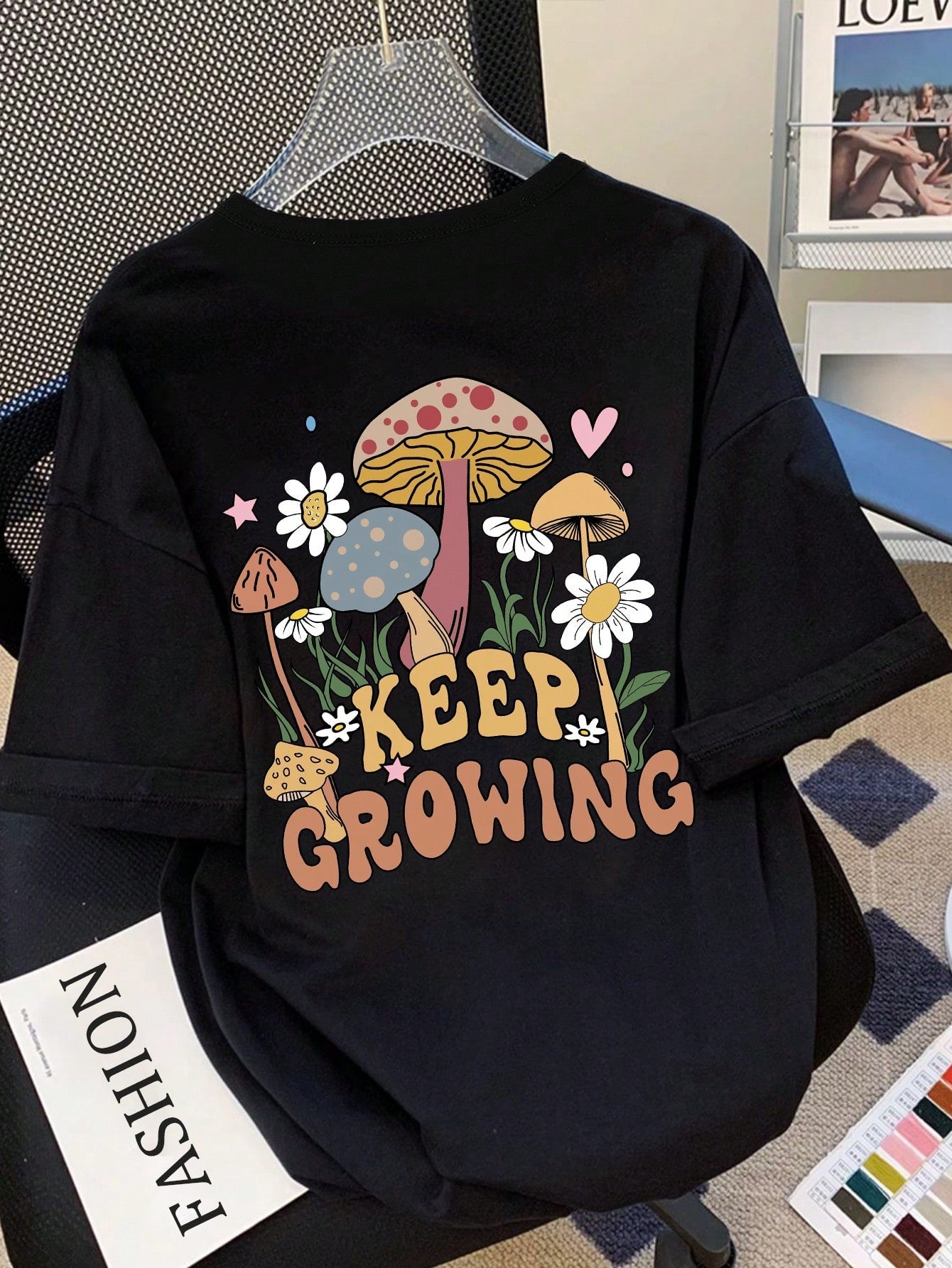 Tween Girl Casual Oversized Mushroom Slogan Tee - Drop Shoulder, Round Neck, Half Sleeve