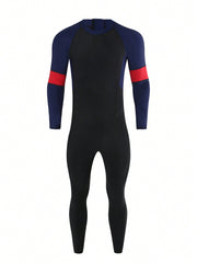 Men's High Neck Color Block One-Piece Swimsuit, Long Sleeve, Zipper Closure