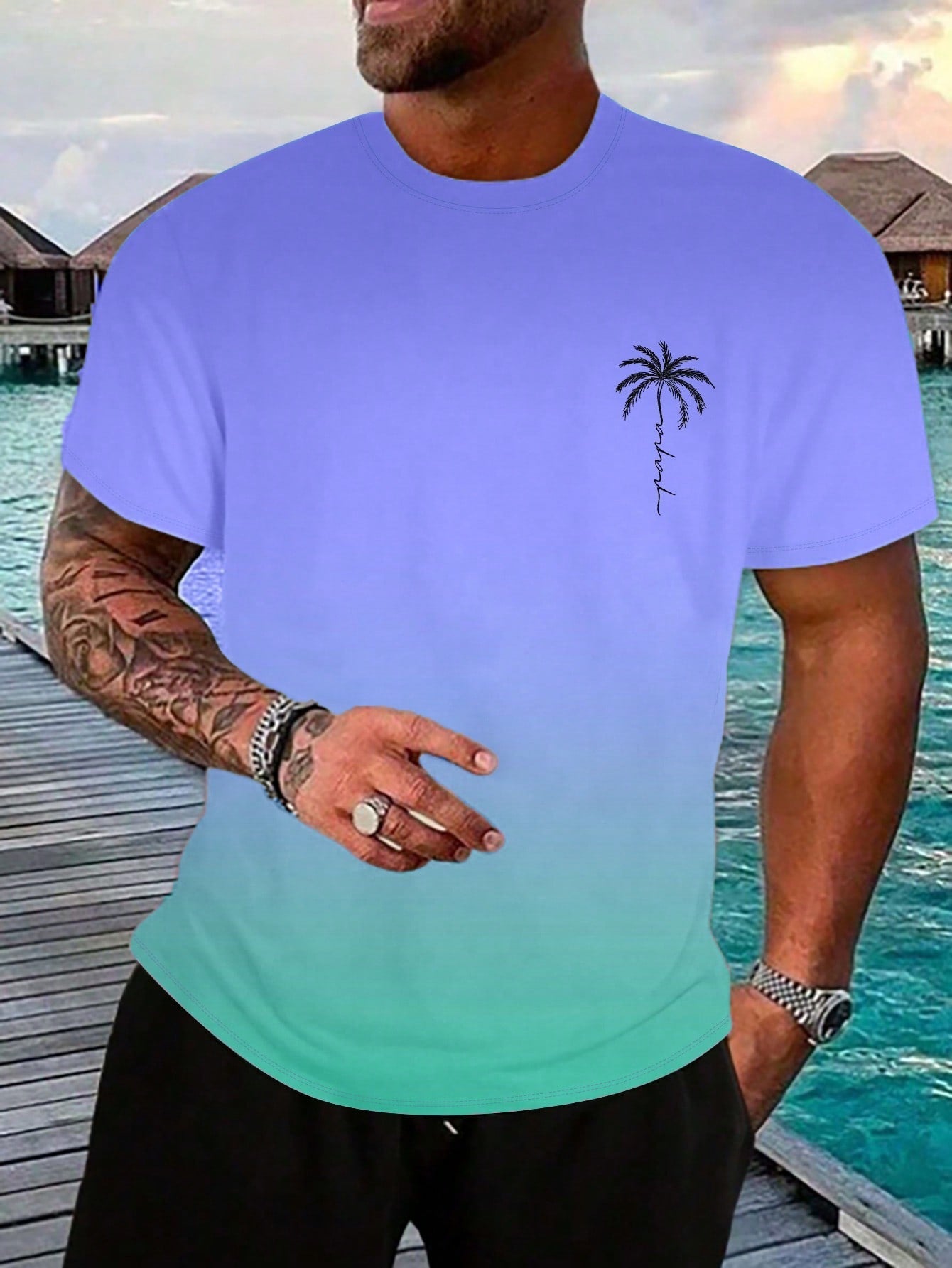 Men's Casual Tropical Palm Tree Print Short Sleeve Round Neck T-Shirt