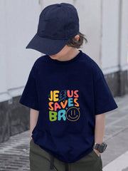 Tween Boy 2024 Summer Casual Slogan T-Shirt - Round Neck, Short Sleeves, Drop Shoulder