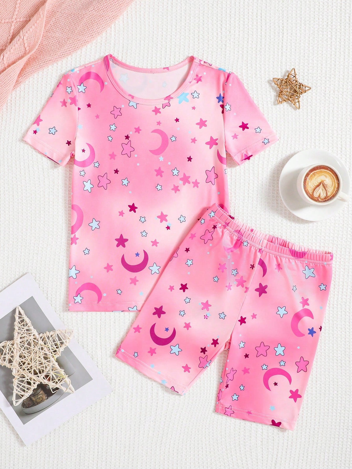 Cute Tween Girl Star Print Sleepwear Set - Round Neck, Short Sleeve, High Stretch Fabric